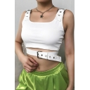 Cool Plain Sleeveless Eyelets Buckle Cut Out Crop Tank Top for Ladies