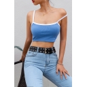 Cool Sport Sleeveless Contrast Piped Slim Fit Blue Crop Cami Top for Girls