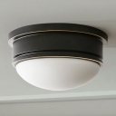 Round Flush Light Rustic 3 Heads White Glass Ceiling Mounted Fixture with Black Metal Canopy