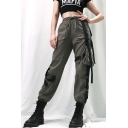 Women Cool Drawstring Waist Buckle Ribbon Cuff Ankle Army Green Relaxed Carrot Cargo Pants with Bag