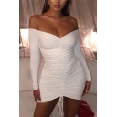 Womens Sexy Party Wear Solid Color Off Shoulder Long Sleeve Drawstring Shirred Front Mini Bodycon Dress