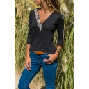 Womens Fashionable Black Tribal Print Embroidery V-Neck Long Sleeve Pullover Fitted T-Shirt