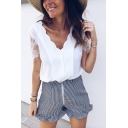 Plain Lace Patched Short Sleeve Scalloped Trim V-Neck Loose Shirt Top for Women