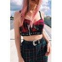 Cool Street Girls Sleeveless V-Neck Plaid Zip Pocket Eyelets Buckle Wrap Crop Cami Top in Red