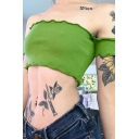 Edgy Girls' Short Sleeve Off The Shoulder Stringy Selvedge Knit Green Fitted Crop Top for Club