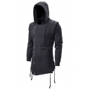 Mens Gothic Style Plain Long Sleeve Side Zip Placket Lace Up Detail Tunic Hoodie