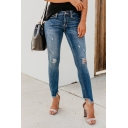 Fashion Ladies' Blue Mid Rise Bleach Distressed Frayed Cuffs Asymmetric Ankle Skinny Stretchy Jeans
