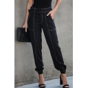 Cool Street Women's Mid Rise Belted Contrast Piped Cuffed Long Tapered Fit Jeans in Black