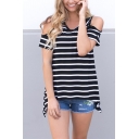 Girls Chic Black Stripes Print V Neck Cold Shoulder Short Sleeve Loose Fit Leisure T-Shirt