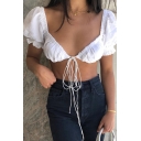 Plain Sexy Puff Sleeve Deep V-Neck Bow Tied Ruched Slim Crop Top for Girls