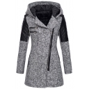 Ladies Simple Color Block Long Sleeve Oblique Zip Slim Hooded Windbreaker Woolen Trench Coat