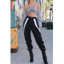 Street Black High Rise Contrasted Piped Reflective Long Relaxed Carrot Pants for Dancing Girls