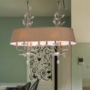 French Style Oblong Ceiling Pendant 8-Light Flaxen Fabric Hanging Lamp over Island with Crystal Element