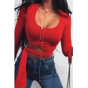 Sexy Ladies' Long Sleeve Scoop Neck Cut Out Detail Tied Plain Soft Crop T Shirt