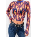 Unique Street Glove Sleeve Crew Neck Flame Print Sheer Red Mesh Crop T-Shirt for Women
