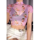 Unique Cute Short Sleeve Mock Neck Puppy Floral Print See-Through Pink Mesh Slim Fit Crop Tee for Ladies