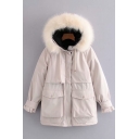 Womens Soft Fur Trimmed Hood Long Sleeves Zip Placket Solid Tunic Parka Cargo Coat