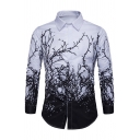 Mens Personality Branch Printed Long Sleeve Button Up White and Black Shirt