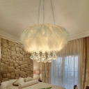 Minimal Round Fluff Chandelier Lamp Single Light White Pendant Lighting with Crystal Droplets