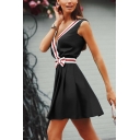 Cute Fancy Sleeveless Surplice Neck Bow Tie Waist Contrast Piped Plain Pleated Short A-Line Dress for Ladies