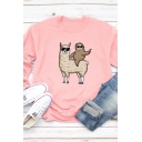 Cute Alpaca and Sloth Pattern Long Sleeve Round Neck Loose Fit Pullover Sweatshirt