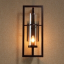 1 Light Amber Glass Wall Lighting Vintage Black Tube Dining Room Sconce Light Fixture with Metal Frame