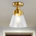 Conic Corridor Ceiling Light Fixture Clear Glass 1 Bulb Industrial Style Semi Flush Mount Light in Brass Finish