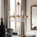 French Country Candle Chandelier with Crystal Beads Strand 6 Lights Metal Aged Brass Pendant Lighting