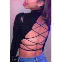 Edgy Girls' Long Sleeve Mock Neck Lace Up Back Cotton Crop T-Shirt in Black