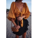 Edgy Yellow Women's Blouson Sleeve Deep V-Neck Pleated Knot Slim Fit Crop Blouse Top