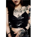 Female Fashion Street Hot Sleeveless Chain Strap Zip Back Fitted Black Crop Cami Top for Club