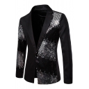 Mens Cool Sequins Panel Long Sleeve Notched Lapel One Button Slim Fit Nightclub Blazer