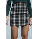 Fashion Girls' High Waist Zip Back Plaid Print Slit Side Fitted Mini A-Line Skirt in Black