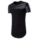 Mens Exclusive PU Insert Short Sleeve Curved Hem Slim Fit Casual T-Shirt
