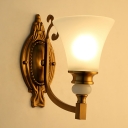 1/2-Light Flared Sconce Lamp Traditional Style White Glass Wall Lighting with Brass Curved Arm for Bedroom