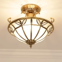White Glass Brass Ceiling Flush Bowl 3 Heads Colonialist Semi Mount Lighting for Foyer