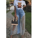 Chic Amazing Light Blue High Waist Frayed Trim Sheer Mesh Patched Star Embroidered Baggy Long Wide Leg Jeans for Girls