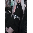 Girls Popular Crescent Moon Hollow Out Cold Shoulder Short Sleeve Black Mini A-Line Dress