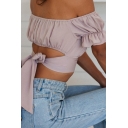 Sexy Trendy Puff Sleeve Off The Shoulder Ruffled Cuff Ruched Bow-Tied Back Plain Slim Fit Crop Top for Women