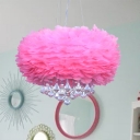 Dome Pendant Light Fixture Contemporary Feather 3 Lights Pink Chandelier Lamp with Crystal Draping