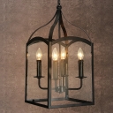 Black Caged Chandelier Light Traditional Style Metal 4 Lights Dining Room Pendant Lamp with Glass Panes