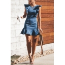 Stylish Girls' Sleeveless Round Neck Ruffled Trim Zipper Back Short Tight A-Line Denim Dress in Blue