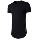Hip Hop Plain Short Sleeve Double Zipper Curved Hem Slim Tunic T-Shirt for Men