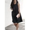 Women's Simply Sleeveless Crew Neck Drawstring Waist Cut Out Back Mid Swing Dress in Black