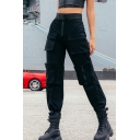 Cool Casual Girls' Mid Rise Buckle Belt Utility Cuffed Ankle Baggy Cargo Pants in Black