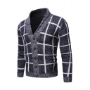 Mens Popular Grid Pattern Long Sleeve Button Down Slim Fit Casual Knit Cardigan Coat