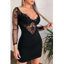 Summer Plain Sheer Lace Patchwork Long Sleeve Backless Sexy Mini Sheath Dress for Party