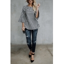 Womens Classic Black and White Plaid Print Bell Half Sleeve Casual Blouse Top