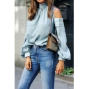 Womens Elegant Solid Color Pleated Neck Cold Shoulder Balloon Long Sleeve Blouse Shirt