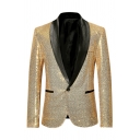 Male Glitter Fashion Shawl Collar Long Sleeve One Button Stage Costume Sequined Tuxedo Blazer